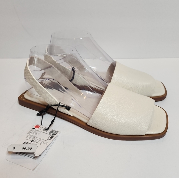 NWT Zara Flat White Leather Slider Sandals With Heel Strap Size EU 38 Stud Detai - Picture 1 of 16